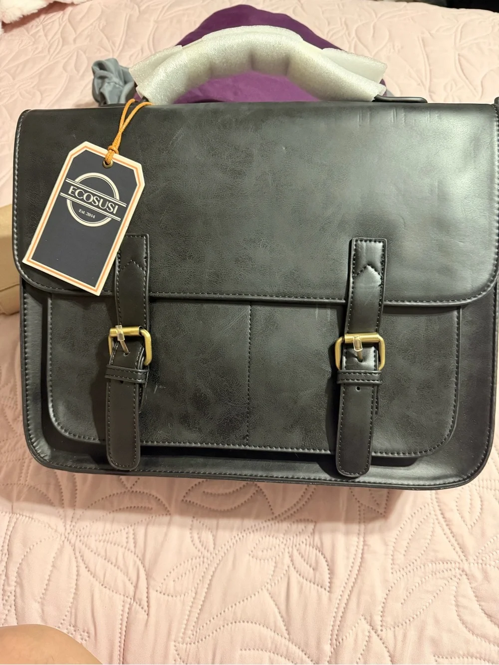 Ecosusi Black Men's Faux Leather Briefcase with Dual Buckle Front